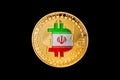 Golden bitcoin with the Iranian flag in the center/Iran cryptocurrecy concept