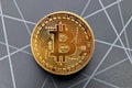 Golden Bitcoin isolated on geometric background. New technological economy concept