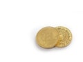 Golden bitcoin isolated on white background. High resolution photo. Full depth of field.
