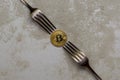 Golden bitcoin and silver forks around Royalty Free Stock Photo