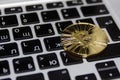 Golden bitcoin lie on keyboard of notebook Royalty Free Stock Photo