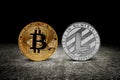 Golden bitcoin and litecoin coins