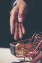 Golden Bitcoin in a man hand, Digitall symbol of a new virtual c Royalty Free Stock Photo