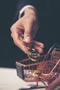 Golden Bitcoin in a man hand, Digitall symbol of a new virtual c Royalty Free Stock Photo