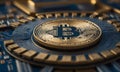 Golden Bitcoin Over Blue Circuits