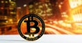 Golden bitcoin over colorful background