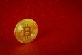 Golden Bitcoin on red background