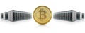 Golden bitcoin on server farm background, mining of cryptocurrency Royalty Free Stock Photo