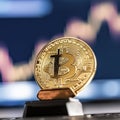 Golden Bitcoin Shines Unveiling the Future of Digital Currency, a Close-Up View of Cryptocurrency Power, Bitcoin Coin Standing