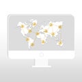 Desktop with golden bitcoin signs on World map on screen or display on light gray or white background. Bitcoin cryptocurrency digi