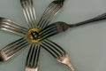 Golden bitcoin and silver forks around Royalty Free Stock Photo