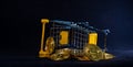 Golden bitcoin, Stack of bitcoin fall out from a yellow trolley with black background, Busniess and finace concept, Decentralized Royalty Free Stock Photo