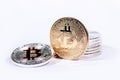 Golden bitcoin with stacks of coins, new digital virtual money, cryptocurrencies