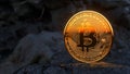 Golden bitcoin standing on stones on dark mountains background. Crypto currency blockchain. For background and commercial use.