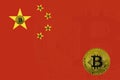 Golden bitcoin stands on a background of state flag of China