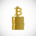 Golden bitcoin stands on gold coins concept of cryptocurrency