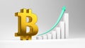 Golden Bitcoin symbol with an ascending bar chart. 3D rendering. Cryptocurrency coin logo 2p2 exchange, blockchain technology