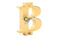 Golden bitcoin symbol with wind-up key, 3D