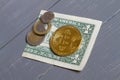 Golden bitcoin on us dollar bills electronic money exchange concept