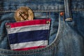 Golden BITCOIN & x28;BTC& x29; cryptocurrency in the pocket of jeans with Royalty Free Stock Photo