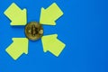 Golden bitcoin with yellow paper arrows on blue background. Internet security, risk, investment, business concept. Royalty Free Stock Photo