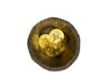 Golden Bitcoins in barrel. Digital symbol of a new virtual currency on isolate background.
