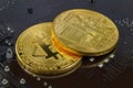 Golden bitcoins on the black background closeup. Cryptocurrency virtual money Royalty Free Stock Photo