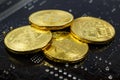 Golden bitcoins on the black background closeup. Cryptocurrency virtual money Royalty Free Stock Photo