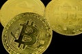 Golden bitcoins on black background Royalty Free Stock Photo