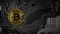 Golden bitcoins on circuit board. Royalty Free Stock Photo