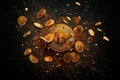 Golden bitcoins, falling gold coins, cryptocurrency explosion, and scattered gold coins