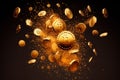 Golden bitcoins, falling gold coins, cryptocurrency explosion, and scattered gold coins