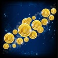 Golden bitcoins flying on blue square background