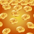 Golden Bitcoins flying over golden Background. Royalty Free Stock Photo