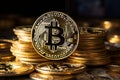 Golden bitcoins gleam against a dark backdrop, spotlighted with prominence