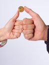 Golden bitcoins in hand. Digital symbol Royalty Free Stock Photo