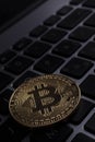 Golden bitcoins on PC keyboard Royalty Free Stock Photo