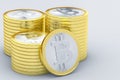 Golden bitcoins standing on circuit board Royalty Free Stock Photo