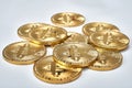 Golden Bitcoins on white background.Virtual money. Royalty Free Stock Photo