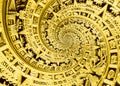 Golden black ancient antique traditional spiral aztec ornament pattern decoration design background. Gold surrealistic alien desig