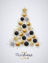 Golden and black christmas balls, bright snowflakes