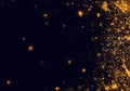 Golden black Christmas or New Year background with glitter, snowflakes, stars, bokeh gold lights, festive dark style background