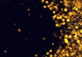 Golden black Christmas or New Year background with glitter, snowflakes, stars, bokeh gold lights, festive dark style background