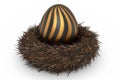 Golden and black Easter egg in bird nest isolated on white background. Royalty Free Stock Photo