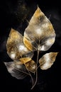 Golden and black leaves on black background illustration.