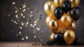 Golden and black metallic balloons with confetti and ribbons on blurred background for events