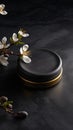 Golden and Black Product Pedestal Display Stage Mock up 3D. Spring Cherry Apple Flower Blossom. Royalty Free Stock Photo