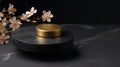 Golden and Black Product Pedestal Display Stage Mock up 3D. Spring Cherry Apple Flower Blossom. Royalty Free Stock Photo