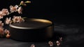 Golden and Black Product Pedestal Display Stage Mock up 3D. Spring Cherry Apple Flower Blossom. Royalty Free Stock Photo