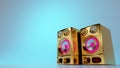 Golden bling loudspeakers on light blue background. Pop music, party, hip hop culture. Digital 3D render